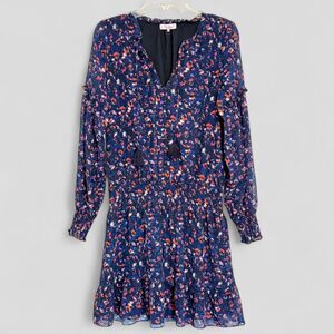 Parker Laura Women's Mini Dress Navy Blue Pink Long Sleeve Tassels Size Med